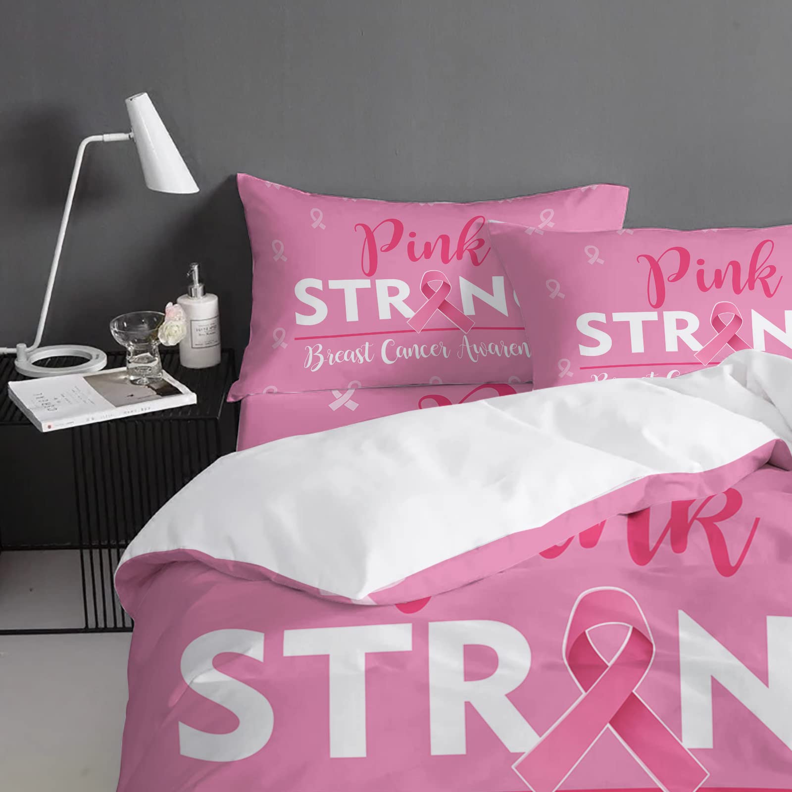 Yukro Duvet Cover Set Queen Size, Breast Cancer Awareness Pink Ribbons Pattern Soft 4 Pieces Bedding Set with Comforter Cover, A Pair of Pillowcases and Fitted Sheet for Bedroom Decor