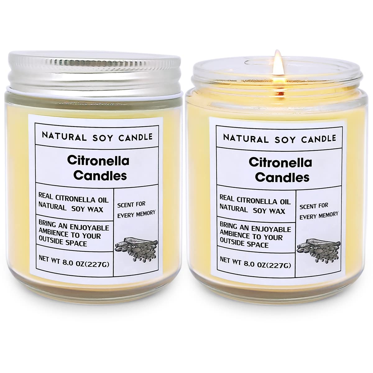 8.0 OZ Citronella Candles Outdoor Indoor, Natural Soy Wax Off Fly Candles in Glass Jar, Good for Home Patio Yard Garden, 2 Packs