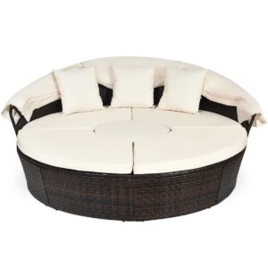 COSTWAY Patio Round Daybed with Retractable Canopy, Wicker Furniture Sectional Couch with Separate Cushioned Seats, Adjustable Table Top, Patio Rattan Daybed Sofa for Patio, Backyard, Poolside, White