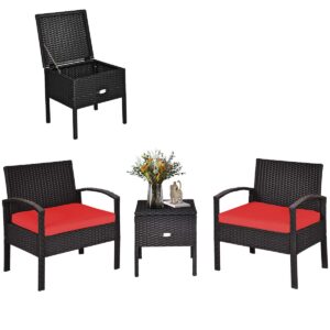 costway rattan patio furniture set 3 pieces, wicker conversation set with tempered glass coffee table, seat cushions, outdoor chair wicker sofa for backyard balcony porch poolside, red