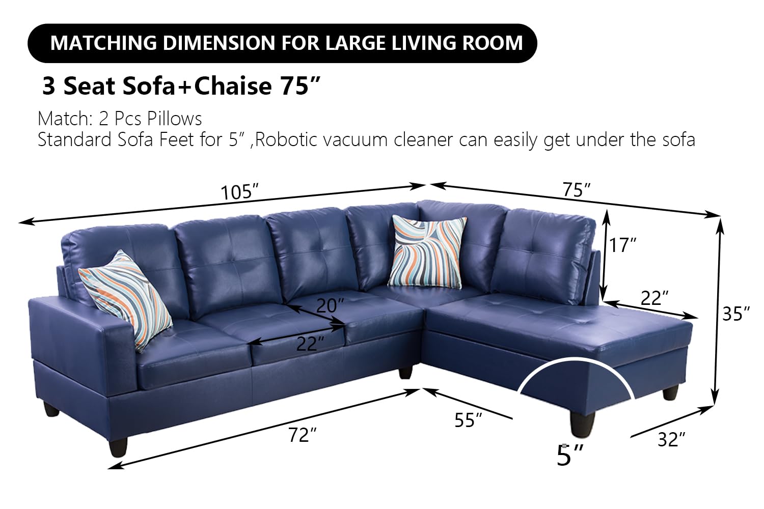 SIENWIEY Sectional Couch for Living Room Furniture Sets, Blue Leather Sectional Sofa L Shape Couch Faux Leather Living Room Sofa Using for Living Room Apartment(Blue,Facing Right Chaise)