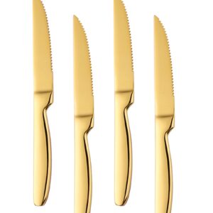 Steak Knife Set, 4-Piece Serrated Steak Cutlery Steak Knife, Gold Stainless Steel Steak Cutlery Knife for Home, Restaurant, Hotel, 22cm