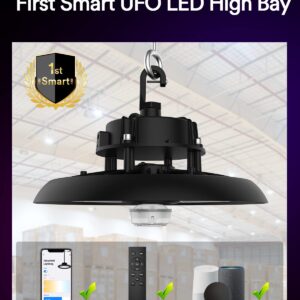 Lumary 22,000Lm Smart Aluminium UFO LED High Bay Light w/Remote, 2700K-6500K Dimmable 150W, Work with Alexa/Google - Hub Required, LED Shop Lights for Hanging Garage Workshop Factory Gym Barn