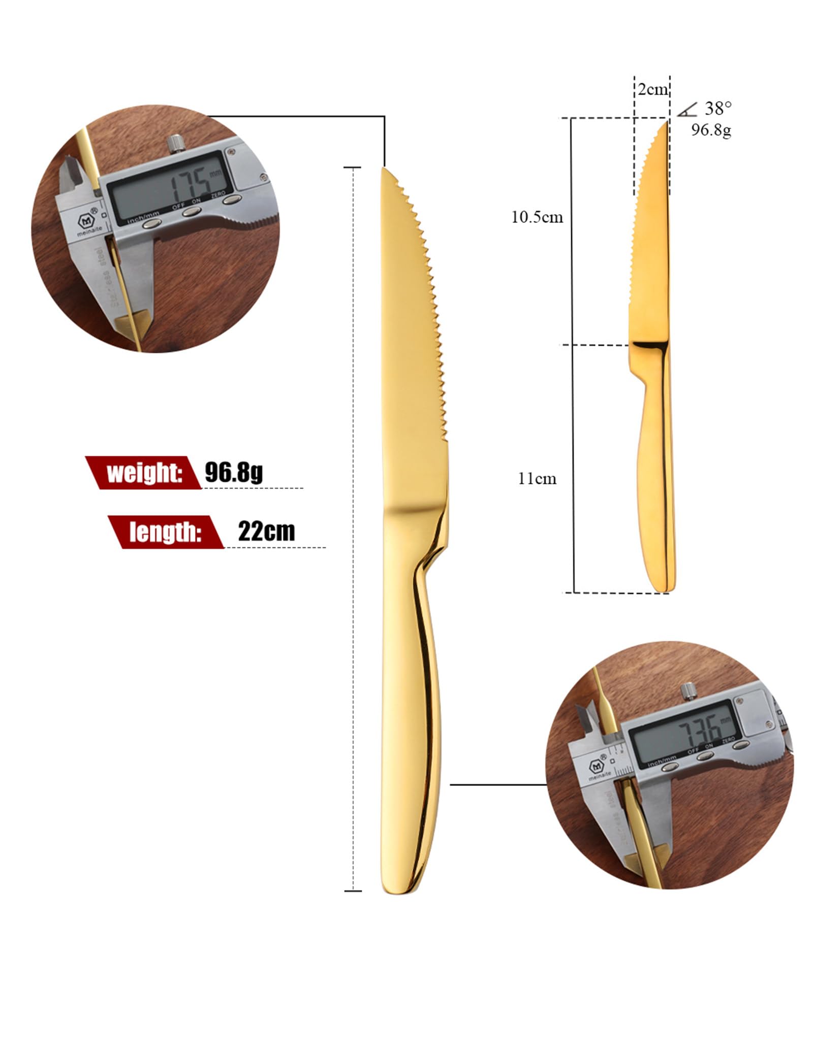 Steak Knife Set, 4-Piece Serrated Steak Cutlery Steak Knife, Gold Stainless Steel Steak Cutlery Knife for Home, Restaurant, Hotel, 22cm