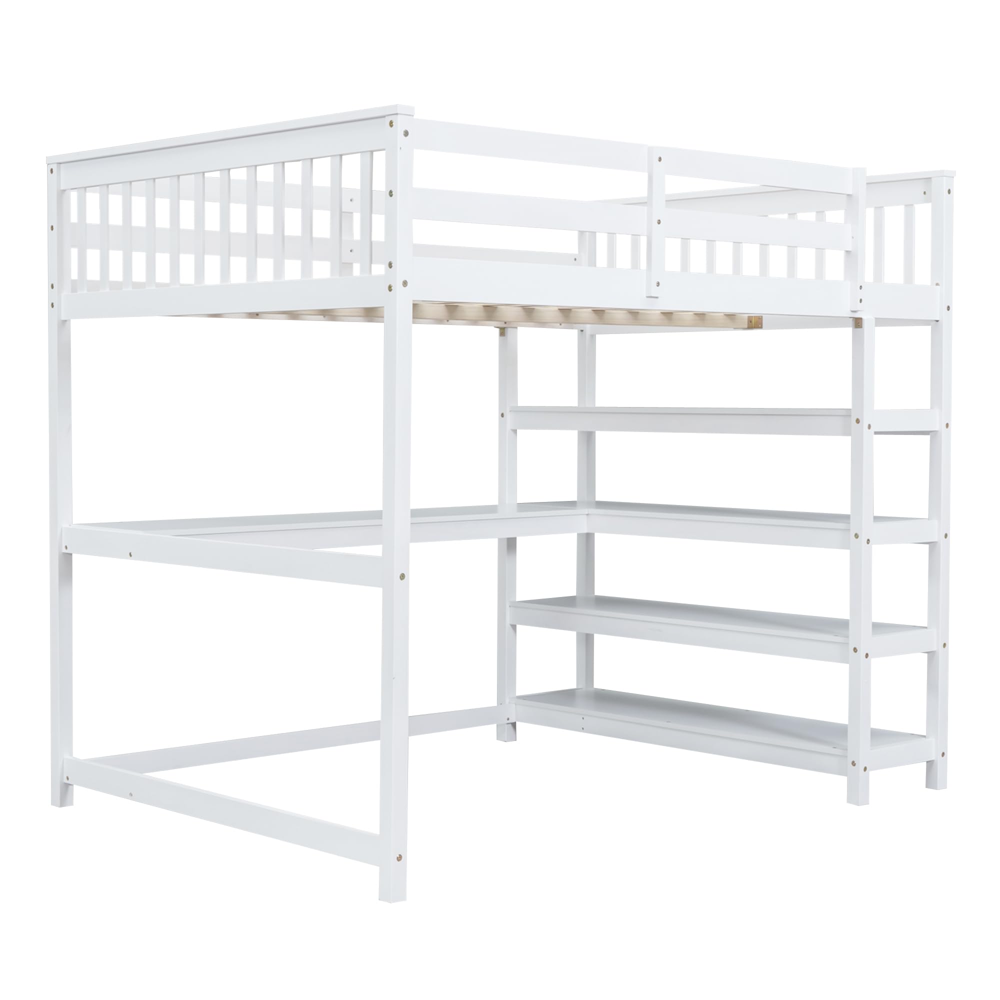 Merax Wood Loft Bed with Desk : Twin Size Loft Bed with 4-Storage Shelves and Under-Bed Desk Solid Wood Bed, White