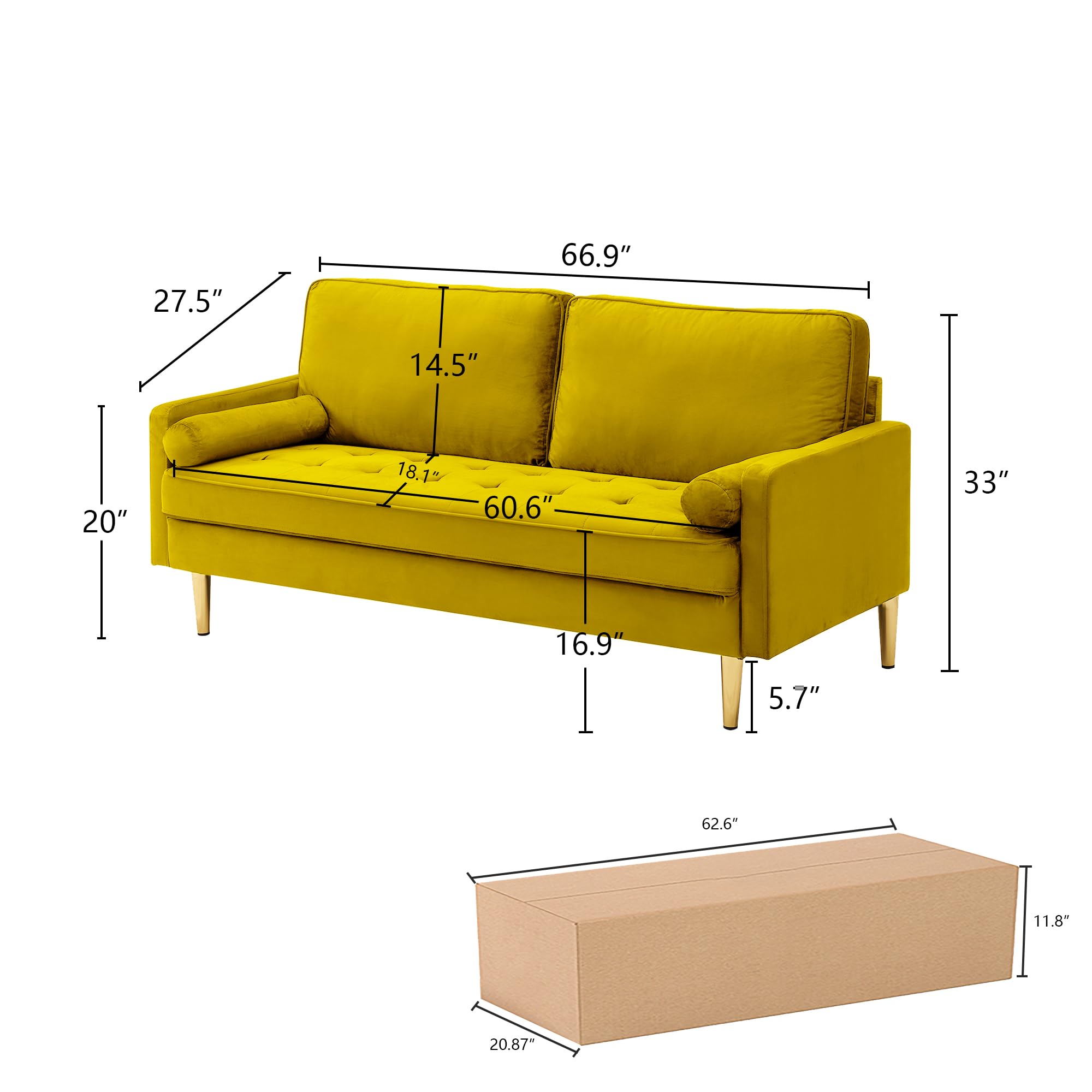 PEIHONGET 67" Mid Century Modern Loveseat Sofa, 2-Seater Velvet Tufted Love Seat Couch with Bolster Pillows, Golden Frosted Legs for Small Space, Living Room, Apartment, Bedroom (Yellow)