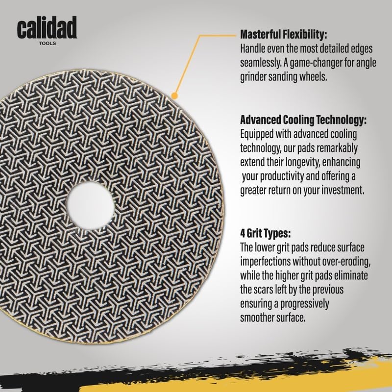 Calidad 4" Electroplated Diamond Polishing Pad Set for Perfect Finishing of Tile & Porcelain. Professional Pads for Angle Grinders. Expertly Designed for Dry/Wet Applications. Grits 60-100-200-400