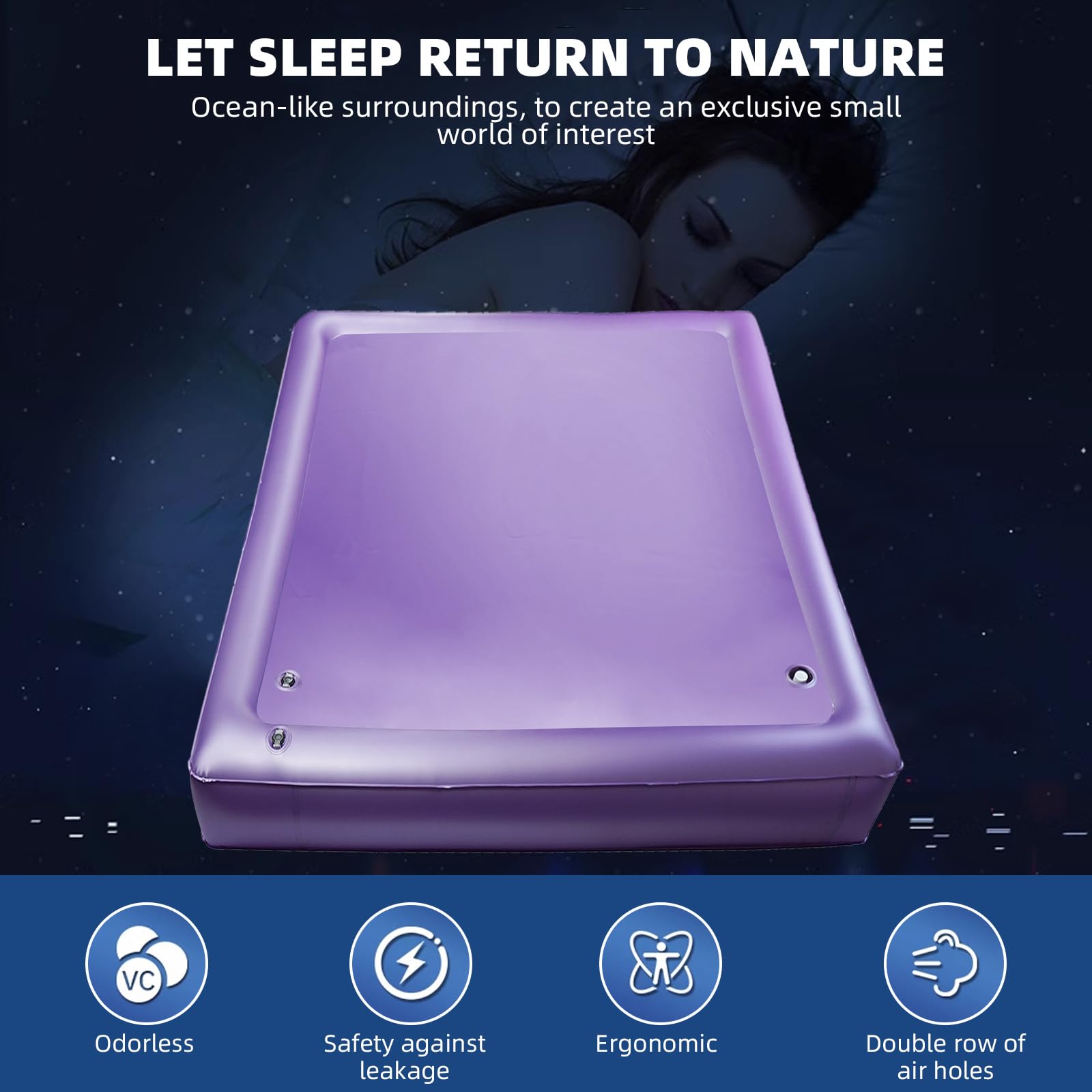 Free Flow Full Wave Water Bed Mattress - PVC Square Purple Softside Water Bed, Comfortable and Foldable Water Mattress Set for The Elderly, Children and Adults (Queen, 60×80x7.9inch)