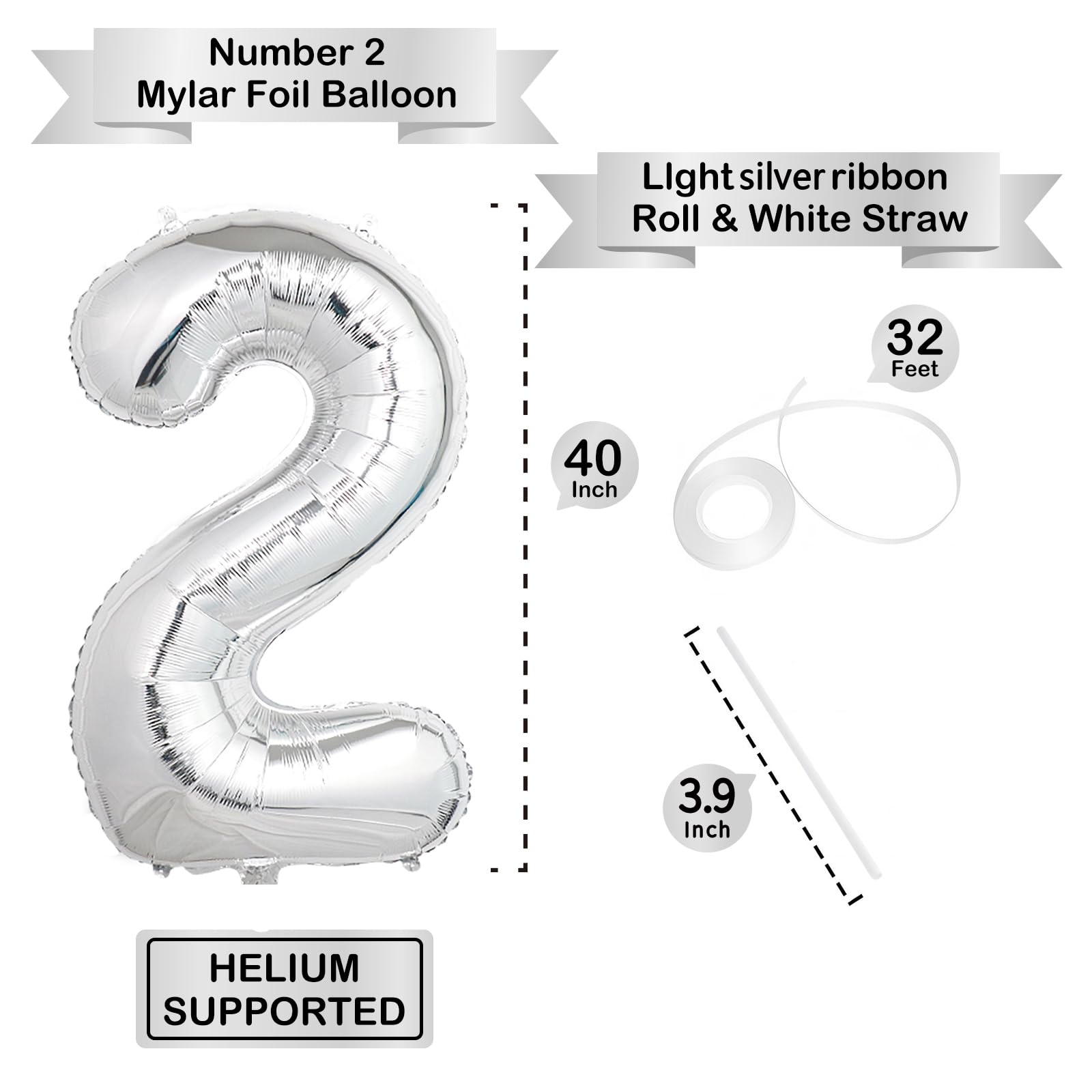 40 Inch Silver Number Balloons, Helium Mylar Foil Number Balloons for Birthdays, Number 2 Balloon for Party Wedding Bachelorette Birthday Bridal Shower Graduation Anniversary Celebration Party Decorations Supplies