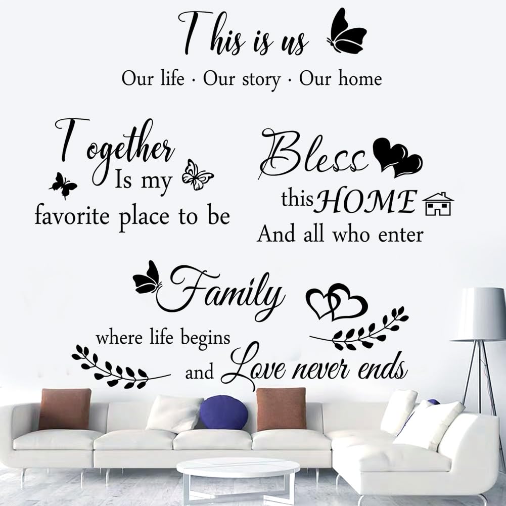 4 Pieces Home Wall Decor Signs, THIS IS US TOGETHER BLESS THIS HOME AMILY Wall Decor For Living Room Bedroom all Decor Vinyl Wall Stickers for Living Room Bedroom Inspirational Art Wall Decorations for Home Office Teen Dorm