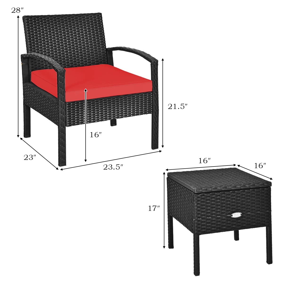 COSTWAY Rattan Patio Furniture Set 3 Pieces, Wicker Conversation Set with Tempered Glass Coffee Table, Seat Cushions, Outdoor Chair Wicker Sofa for Backyard Balcony Porch Poolside, Red