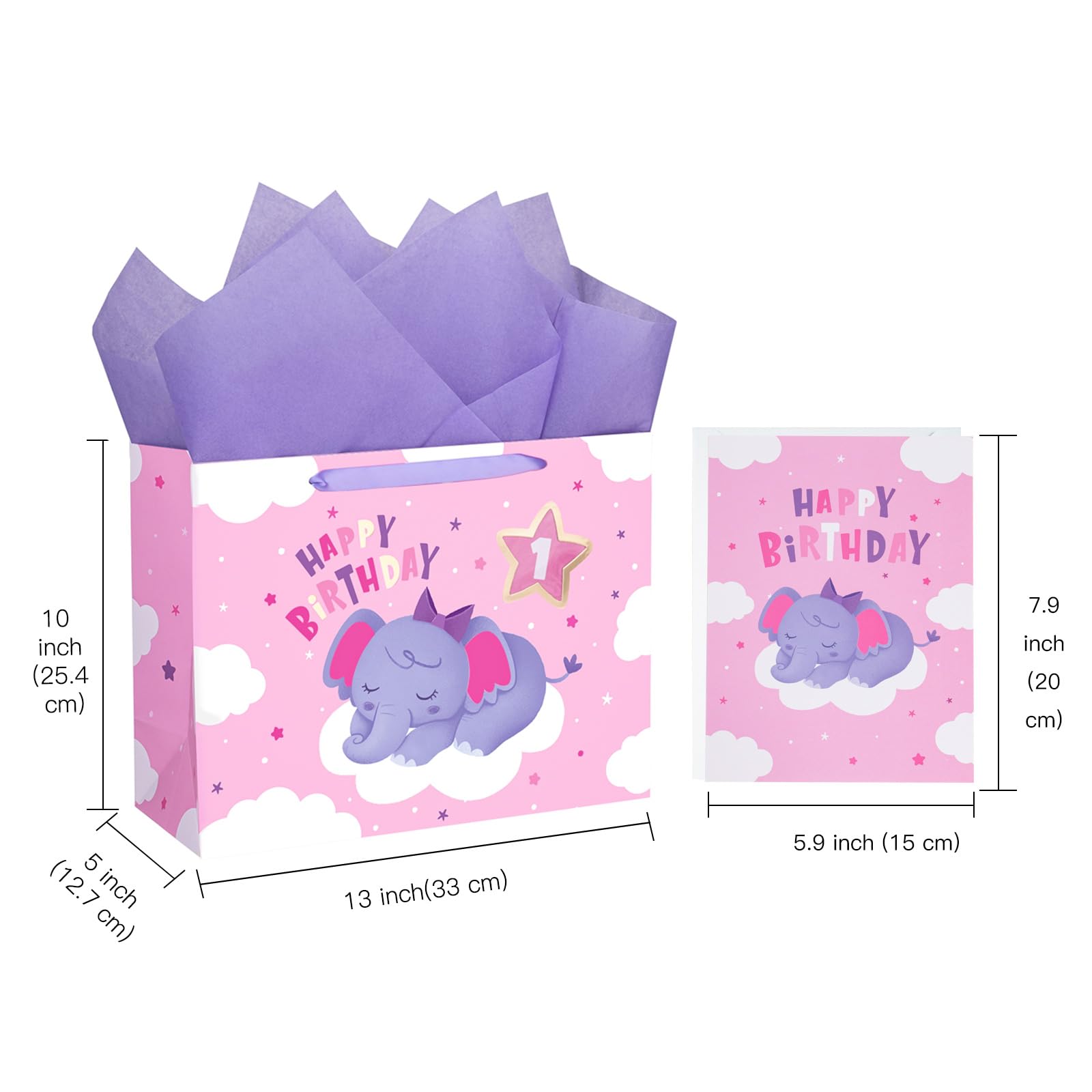 WRAPAHOLIC 13" Large Gift Bag with Card and Tissue Paper - Elephant 1st Birthday