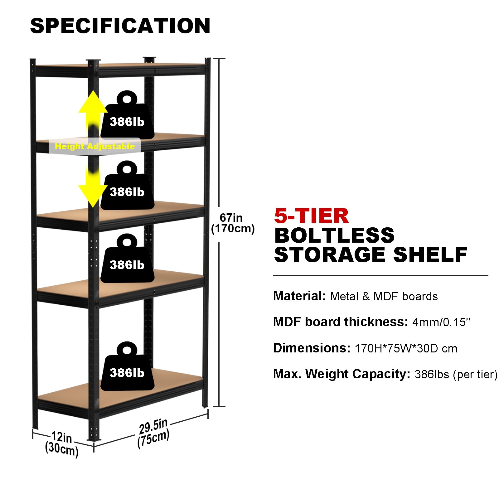 Vandise Garage Shelving 5-Tier Storage Shelf Rack Adjustable Heavy Duty Shelving Metal Shelves for Storage Shelving Garage Shelves, 386LBS Load Capacity per Shelf, 67” x 30” x 12”, Blacks