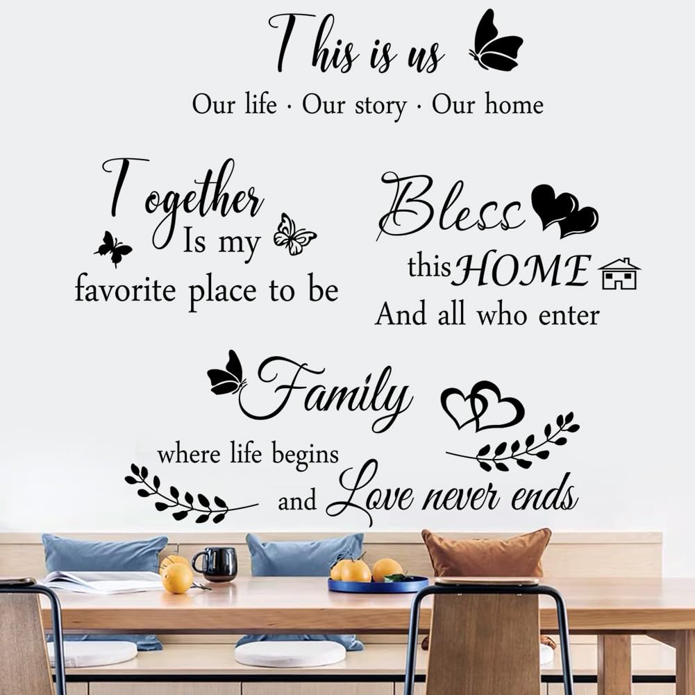 4 Pieces Home Wall Decor Signs, THIS IS US TOGETHER BLESS THIS HOME AMILY Wall Decor For Living Room Bedroom all Decor Vinyl Wall Stickers for Living Room Bedroom Inspirational Art Wall Decorations for Home Office Teen Dorm