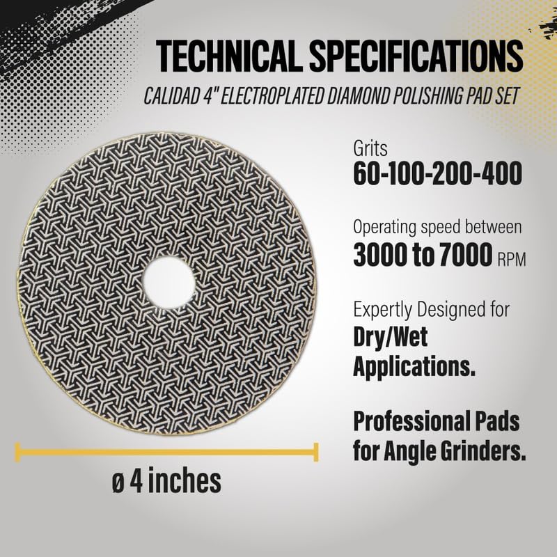 Calidad 4" Electroplated Diamond Polishing Pad Set for Perfect Finishing of Tile & Porcelain. Professional Pads for Angle Grinders. Expertly Designed for Dry/Wet Applications. Grits 60-100-200-400