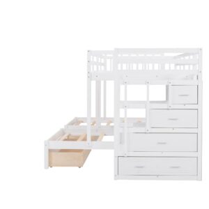 Harper & Bright Designs Triple Bunk Beds with Drawers, Wood Full Over Twin & Twin Bunk Bed with Storage Staircase, Triple Bed for Kids,3 Bed Bunk Beds with Storage for Girls Boys,White