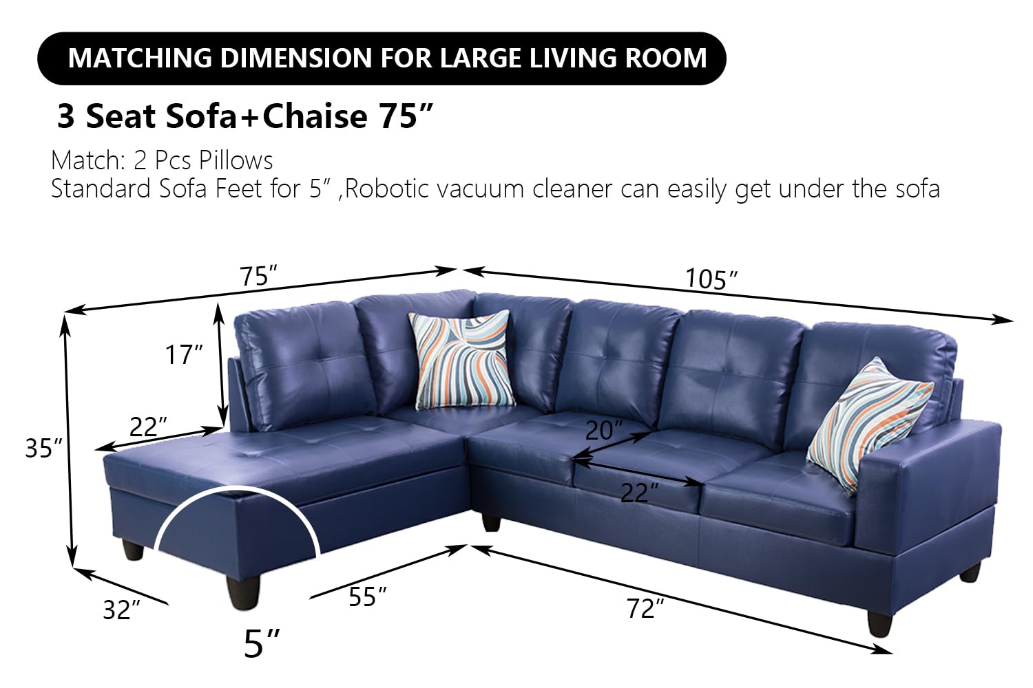 SIENWIEY Sectional Couch for Living Room Furniture Sets, Blue Leather Couch L Shape Couch Faux Leather Sofa Living Room Sofa with Chaise 2 Piece Using for Living Room(Blue,Facing Left Chaise)