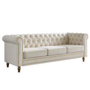 Neylory Modern Velvet Sofa Couch for Living Room,85 Inch 3 Seater Chesterfield Couches with Button Tufted Back and Roll Arms,Upholstered Sofas for Bedroom,Apartment,Office Beige