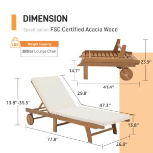 Patiorama Patio Acacia Wood Chaise Lounge Set of 2, Outdoor Folding Lounge Chair Recliner w/Adjustable Backrest, Wheels, Padded Cushion, Portable Sun Lounger Pool Chair for Deck, FSC Certified, Cream