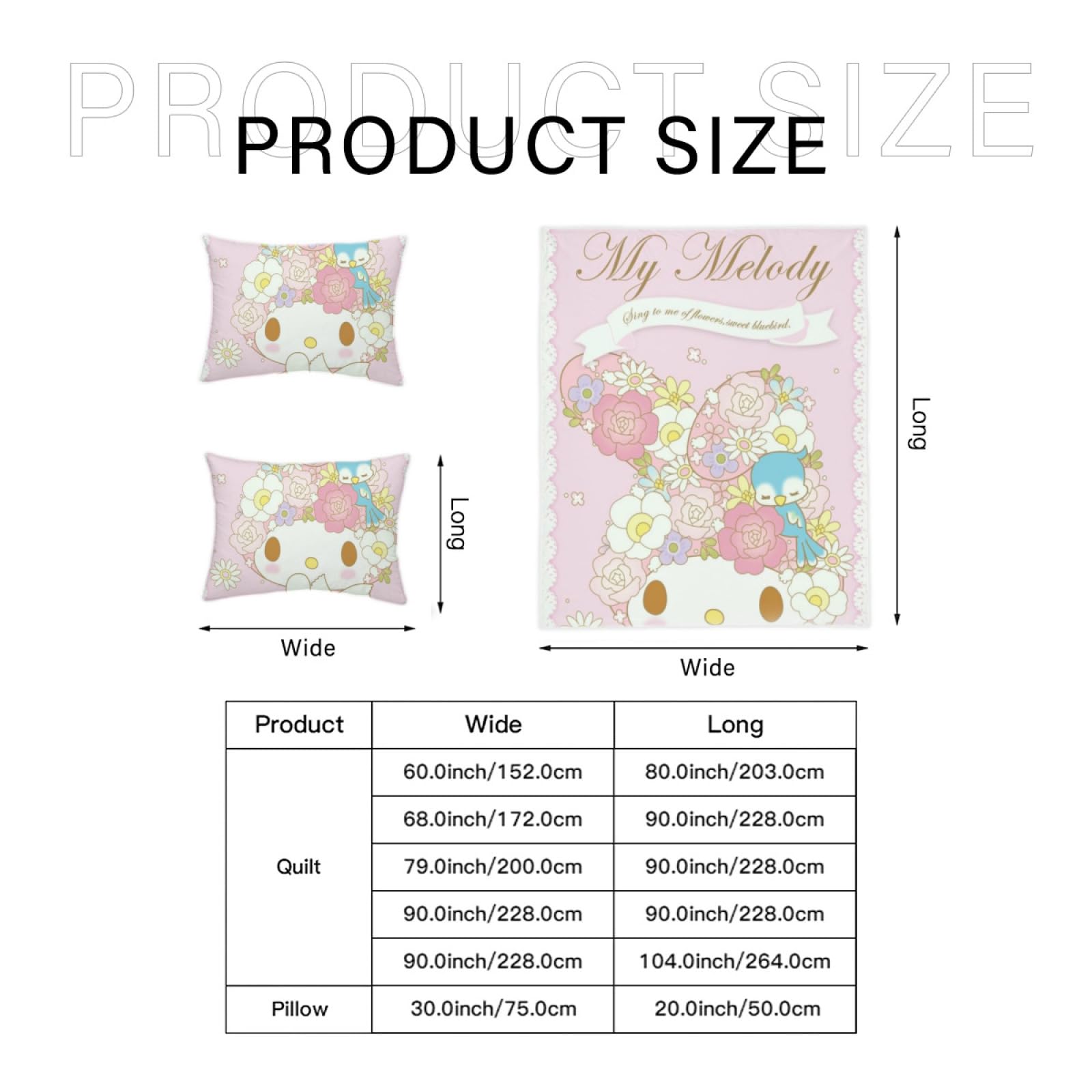 DIEZ Anime My Bunny Melody 3-Piece Duvet Cover Melody Kawaii Bedding Set Ultra Soft Reversible Breathable 3D Printed Microfiber Comforter Set,1 Bed Cover and 2 Pillowcases, Full