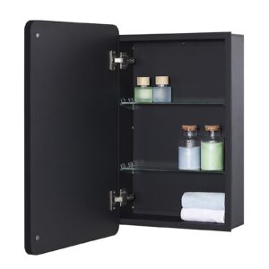 IDYLLOR Black Bathroom Mirror Medicine Cabinet with Round Corner Framed Door and Beveled Edge Mirror 15 x 25 inch, Recessed or Surface Mount, with Adjustable Glass Shelves