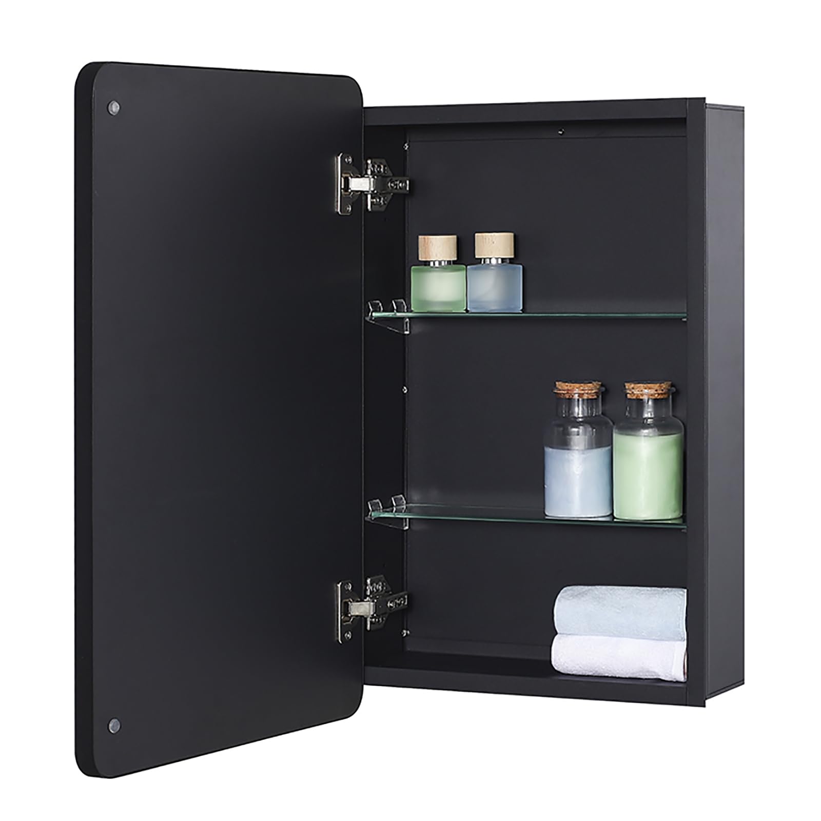 IDYLLOR Black Bathroom Mirror Medicine Cabinet with Round Corner Framed Door and Beveled Edge Mirror 15 x 25 inch, Recessed or Surface Mount, with Adjustable Glass Shelves