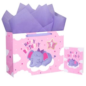 wrapaholic 13" large gift bag with card and tissue paper - elephant 1st birthday