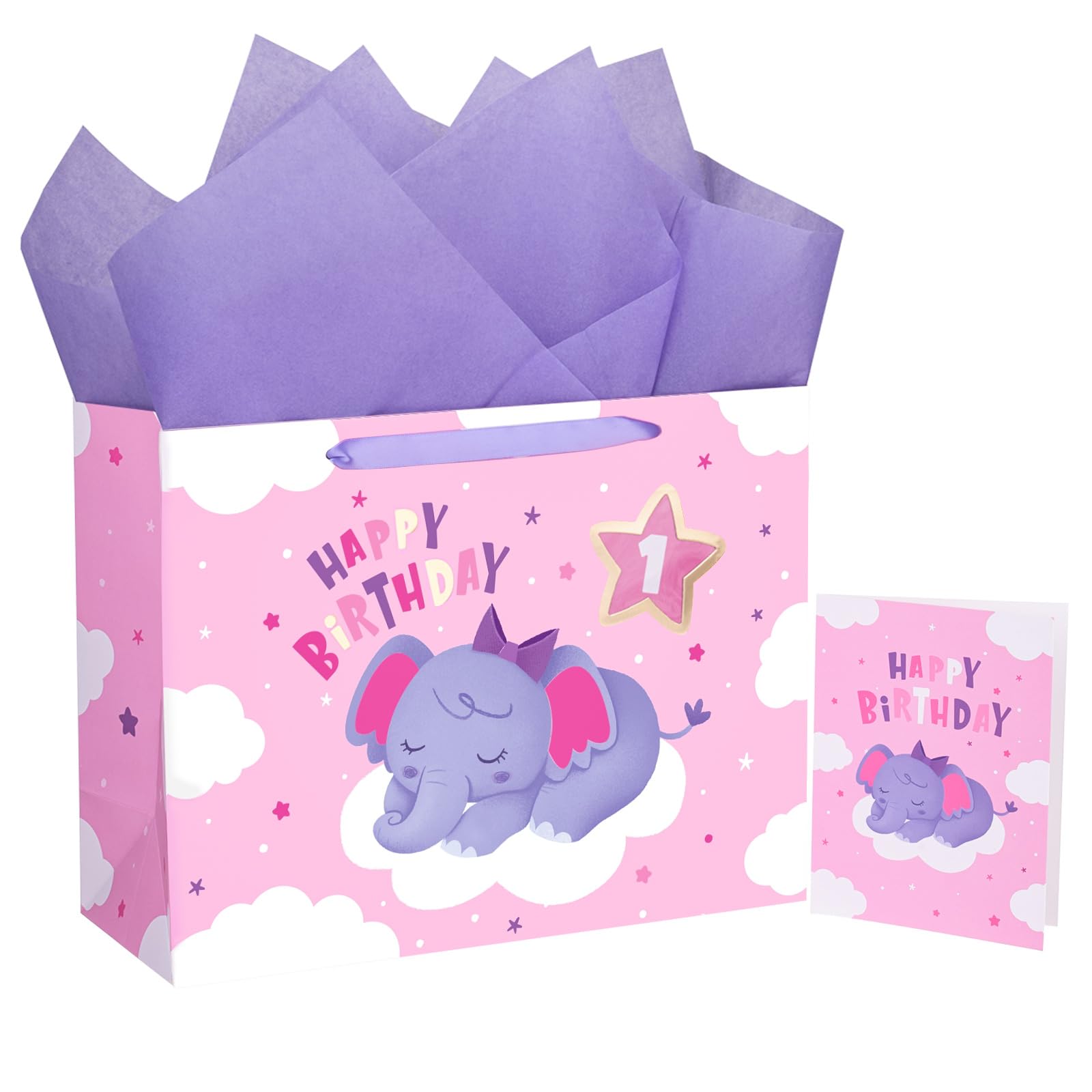 WRAPAHOLIC 13" Large Gift Bag with Card and Tissue Paper - Elephant 1st Birthday