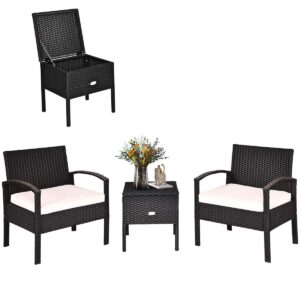 costway rattan patio furniture set 3 pieces, wicker conversation set with tempered glass coffee table, seat cushions, outdoor chair wicker sofa for backyard balcony porch poolside, white