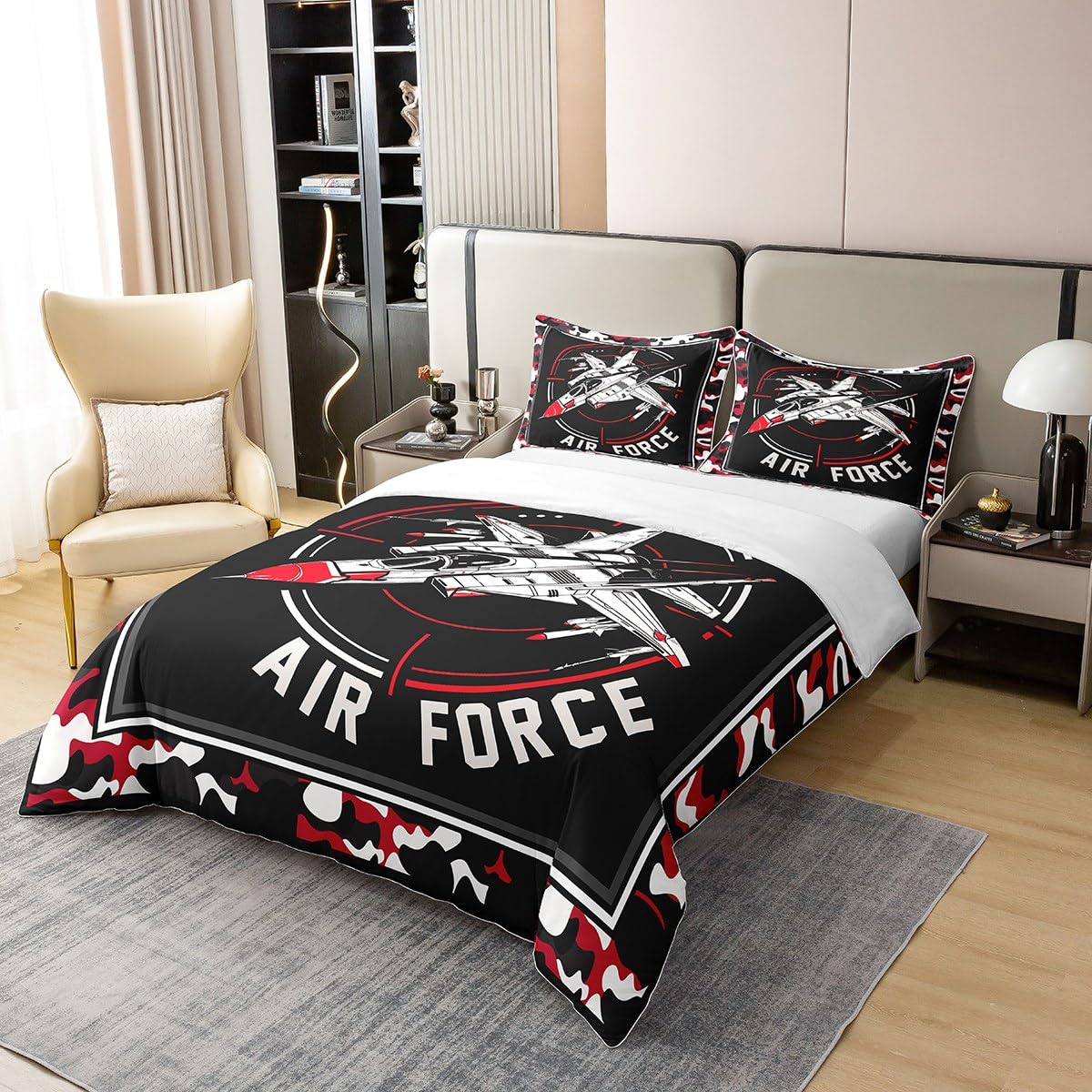 Boys Aircraft 100% Nature Cotton Duvet Cover Full Size,Army Fighter Jet Plane Super Soft Bedding Set,Retro Army Camouflage Red White Black Comforter Cover Bedding 3 Piece (No Comforter)