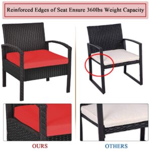 COSTWAY Rattan Patio Furniture Set 3 Pieces, Wicker Conversation Set with Tempered Glass Coffee Table, Seat Cushions, Outdoor Chair Wicker Sofa for Backyard Balcony Porch Poolside, Red