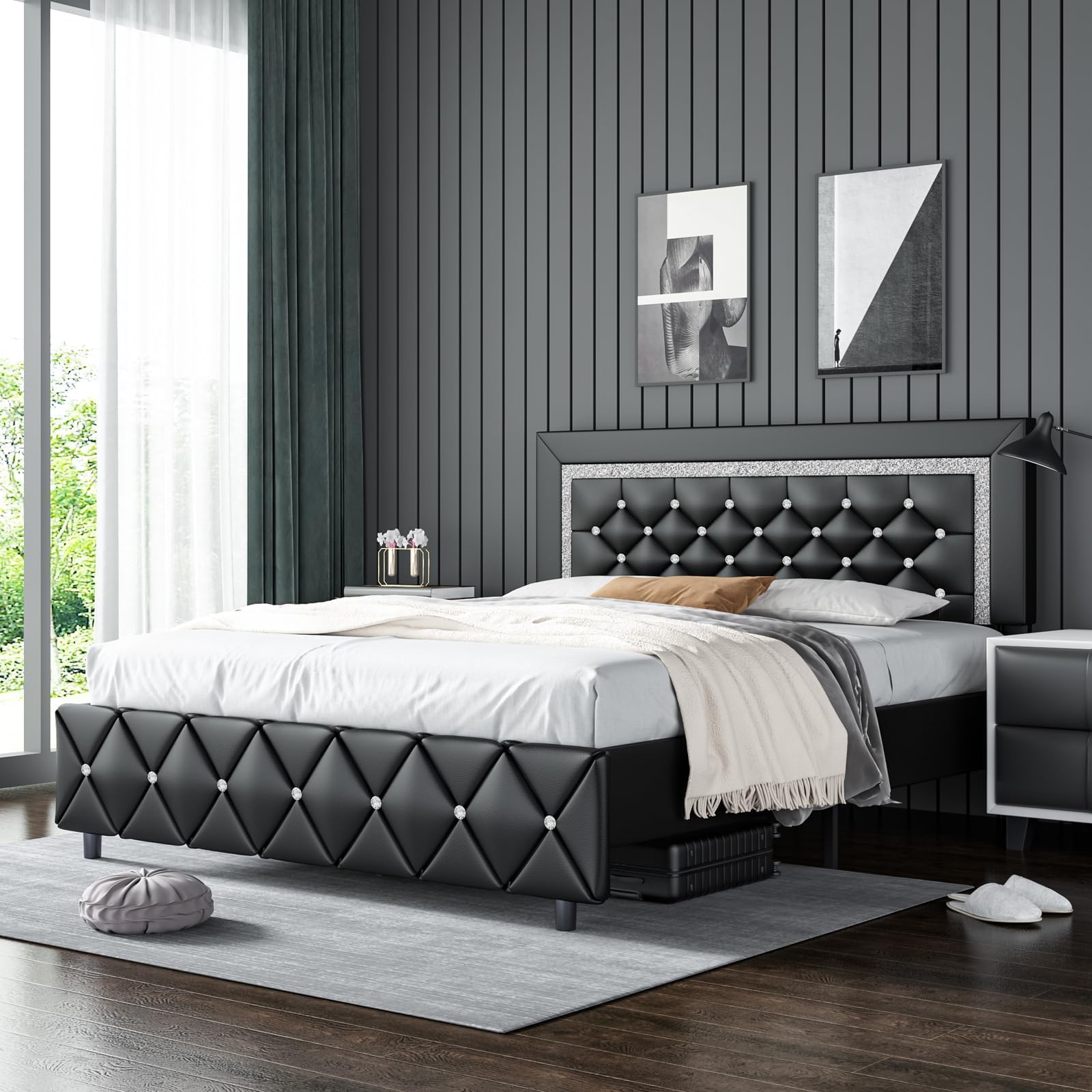 HOMBCK Queen Bed Frame, Upholstered Bed Frame Queen Size with Diamond Tufted Headboard, Faux Leather Headboard & Footboard, Wooden Slats Support, No Box Spring Needed, Easy Assembly, Black