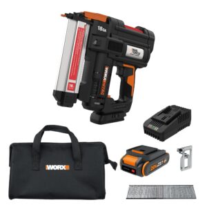 worx nitro 20v 18ga cordless brad nailer, cordless nail gun, nail gun battery powered, up to 2 inch, tool-free jam release, trimming & molding, baseboard wx842l powershare – battery, charger included