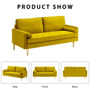 PEIHONGET 67" Mid Century Modern Loveseat Sofa, 2-Seater Velvet Tufted Love Seat Couch with Bolster Pillows, Golden Frosted Legs for Small Space, Living Room, Apartment, Bedroom (Yellow)