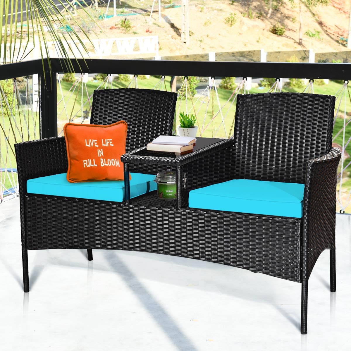 COSTWAY 2-Seat Patio Conversation Sets, Outdoor Patio Loveseat Set with Removable Cushions & Built-in Coffee Table for Backyard, Garden, Lawn, Balcony, Black+Turquoise