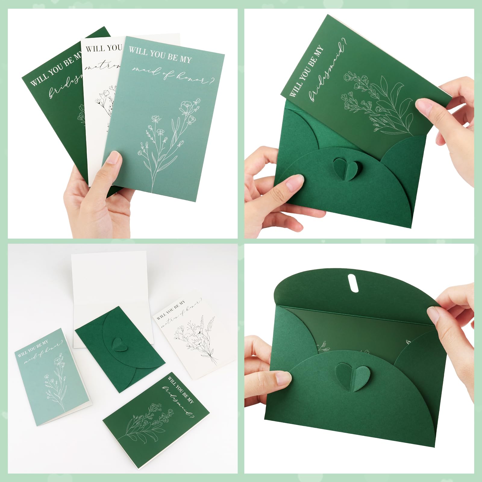 Will You Be My Bridesmaid Cards with Envelopes Flower Greenery Will You Be My Maid of Honor Matron of Honor Handmade Invitations for Bridal Proposal Wedding (8 Set, 16PCS)