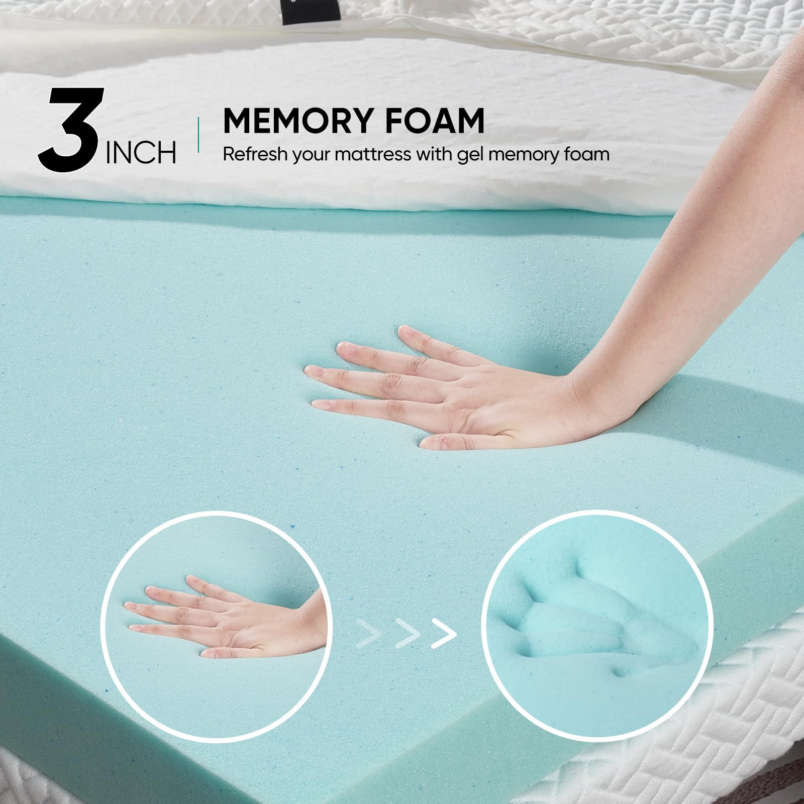 Memory Foam Mattress Topper Queen Size, 3 Inch Gel-Infused Cooling Mattress Pad Cover for Back Pain,Bed Topper with Removable & Washable Bamboo Cover