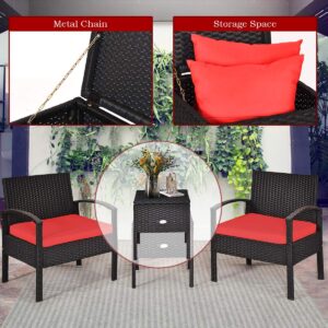 COSTWAY Rattan Patio Furniture Set 3 Pieces, Wicker Conversation Set with Tempered Glass Coffee Table, Seat Cushions, Outdoor Chair Wicker Sofa for Backyard Balcony Porch Poolside, Red