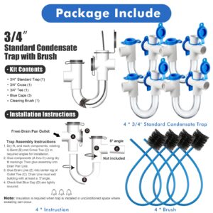 Gulfmew 3/4 Inch Standard Condensate Trap with Cleaning Brush, PVC U Trap for HVAC Systems, Air Conditioner, Effectively Drains Condensate(4 Pack)