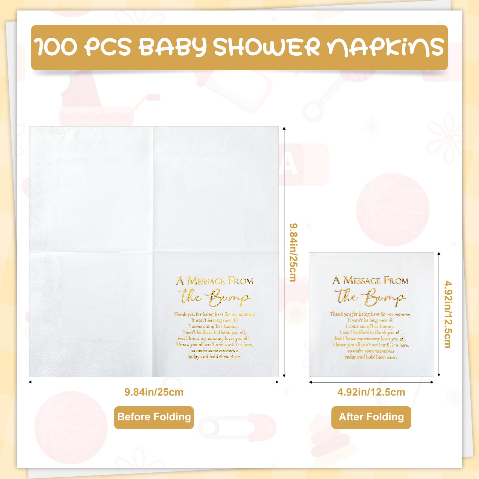 Colarr 100 Pcs Small Baby Shower Napkins 3 Ply Cocktail Napkins for Baby Shower 5 x 5 Inch A Message from the Bump Disposable Gender Reveal Napkins with Gold Foil for Baby Welcome Party(White)