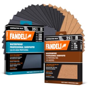 fandeli | pack multi-purpose sandpaper pack + waterproof sandpaper | 50 sheets | assorted multi-purpose (80, 120, 220), waterproof (220, 320, 400) | 23 x 28 cm | perfect for sanding metal and wood