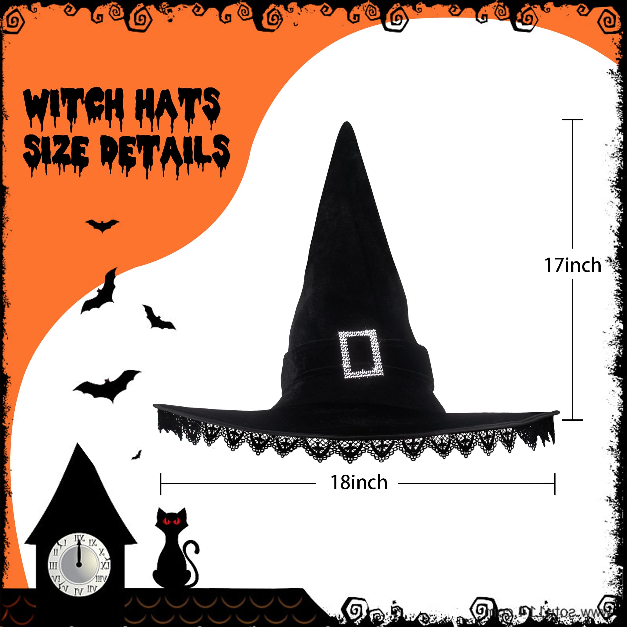 JUSTOTRY Halloween Witch Hat - Women Costume Black Witches Hats with Lace Fringe for Hallowee Decor Accessories Hocus Pocus Party Favor