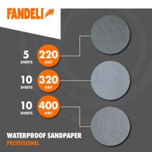 Fandeli | Pack Multi-Purpose Sandpaper Pack + Waterproof Sandpaper | 50 Sheets | Assorted Multi-Purpose (80, 120, 220), Waterproof (220, 320, 400) | 23 x 28 cm | Perfect for Sanding Metal and Wood