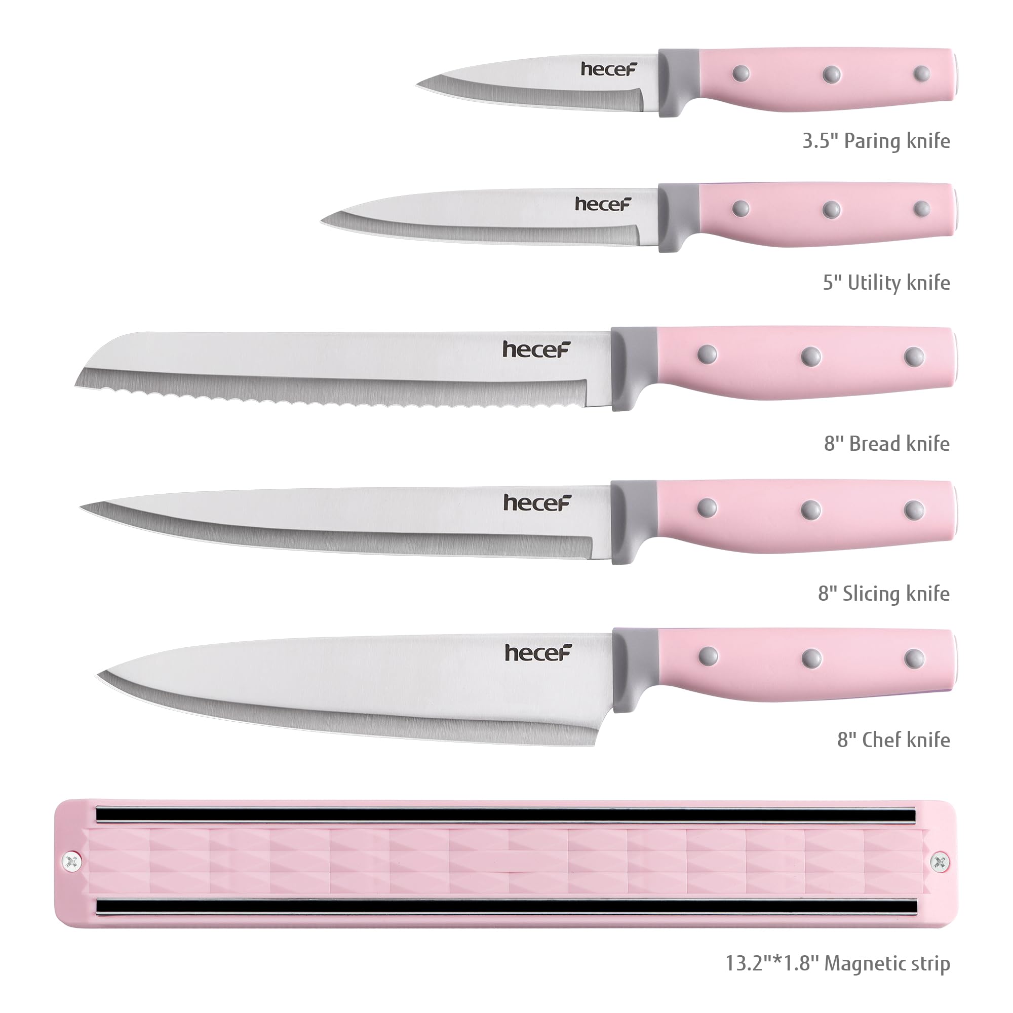 hecef Kitchen Knife Set with Magnetic Strip, 6 pcs Professional Knives Set for Kitchen, 13-inch Magnetic Strip Stainless Steel Sharp Chef Knife Set with Pink Handle for Cutting Meat & Vegetable