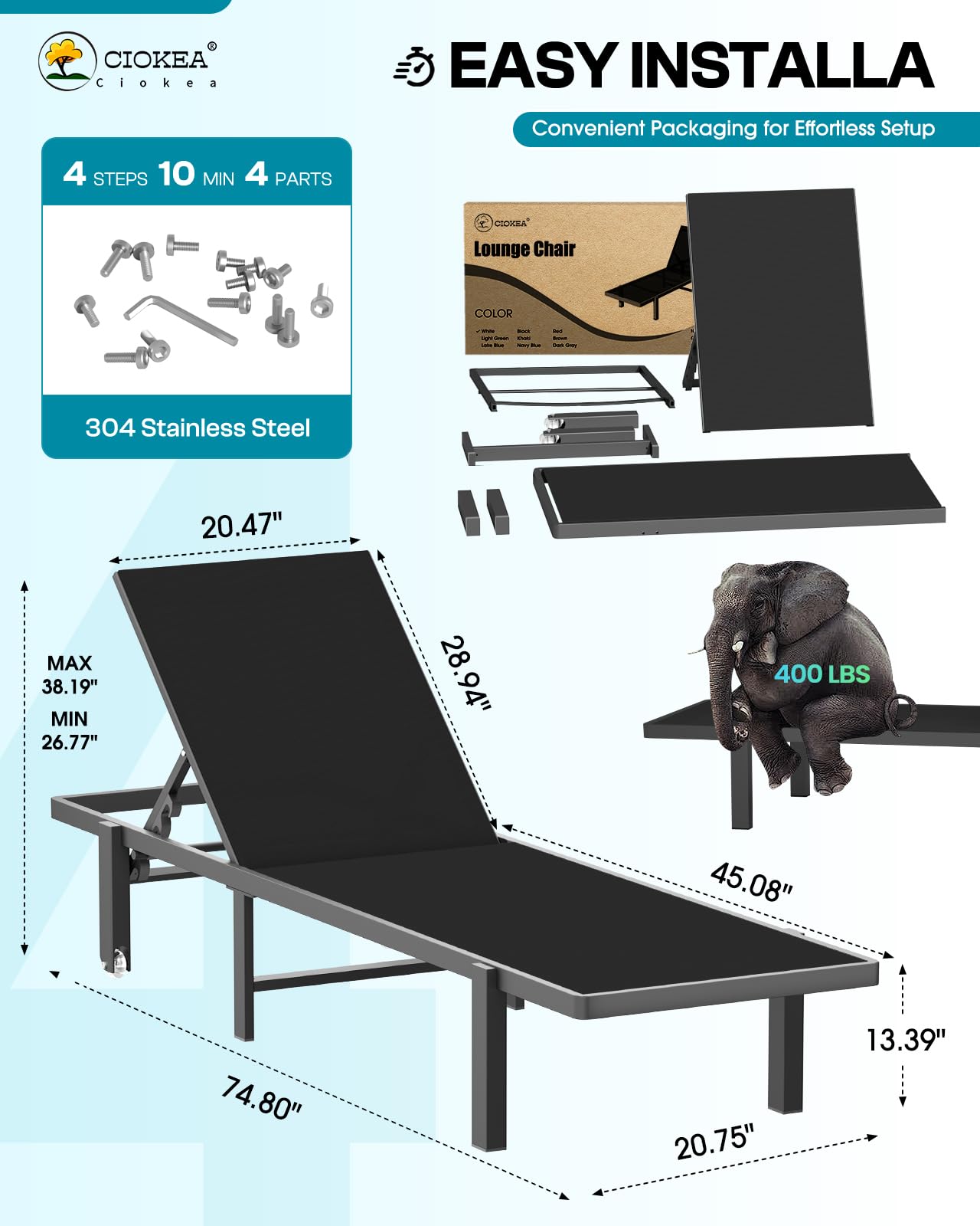 Aluminum Chaise Lounge Chair Outdoor with Wheels, Patio Lounge Chair with Adjustable 5-Position Recliner and Full Flat Tanning Chair for Patio, Beach, Pool, Black