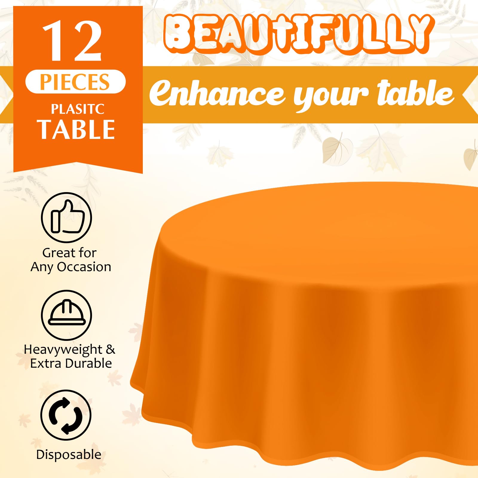 Patelai 12 Pcs Fall Plastic Round Tablecloth Disposable Autumn Table Cover 84 Inch Plastic Circular Tablecloths for Thanksgiving Day Harvest Birthday Party Decoration (Orange,Yellow,Brown)