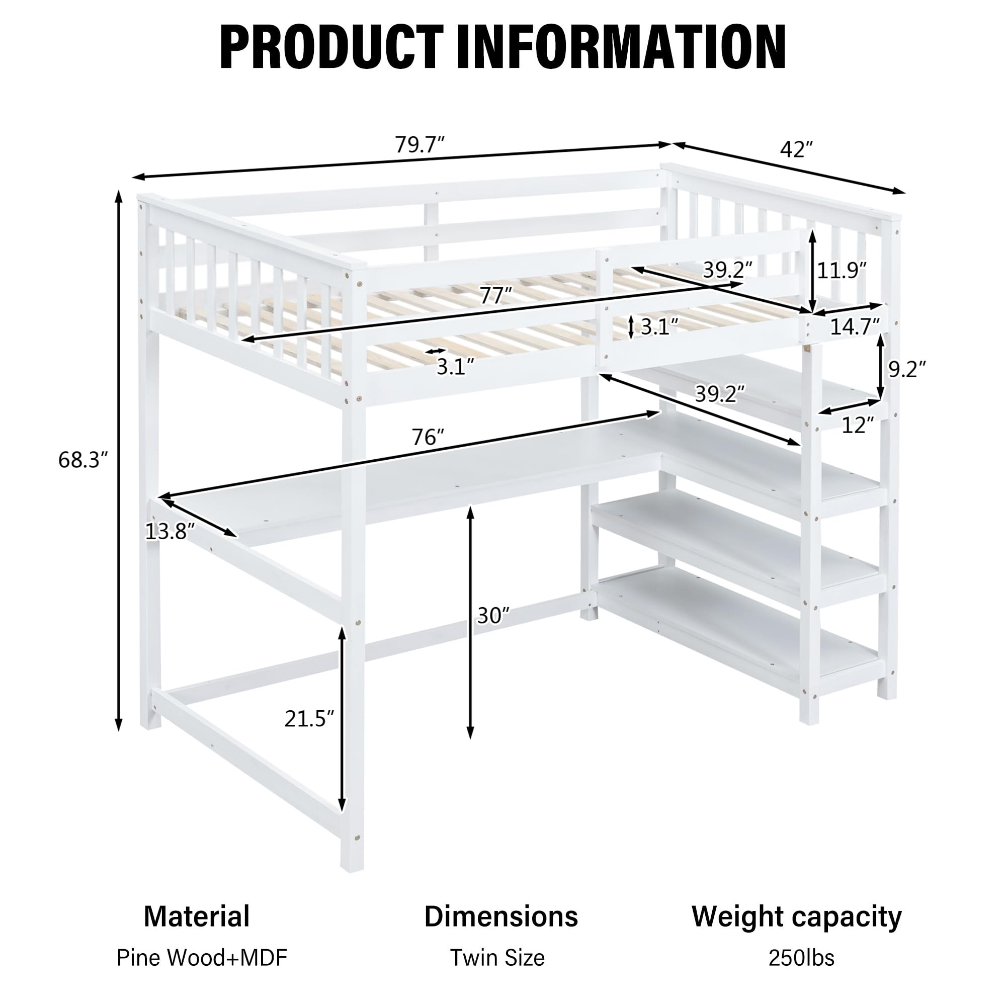 Merax Wood Loft Bed with Desk : Twin Size Loft Bed with 4-Storage Shelves and Under-Bed Desk Solid Wood Bed, White