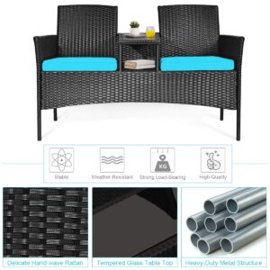 COSTWAY 2-Seat Patio Conversation Sets, Outdoor Patio Loveseat Set with Removable Cushions & Built-in Coffee Table for Backyard, Garden, Lawn, Balcony, Black+Turquoise