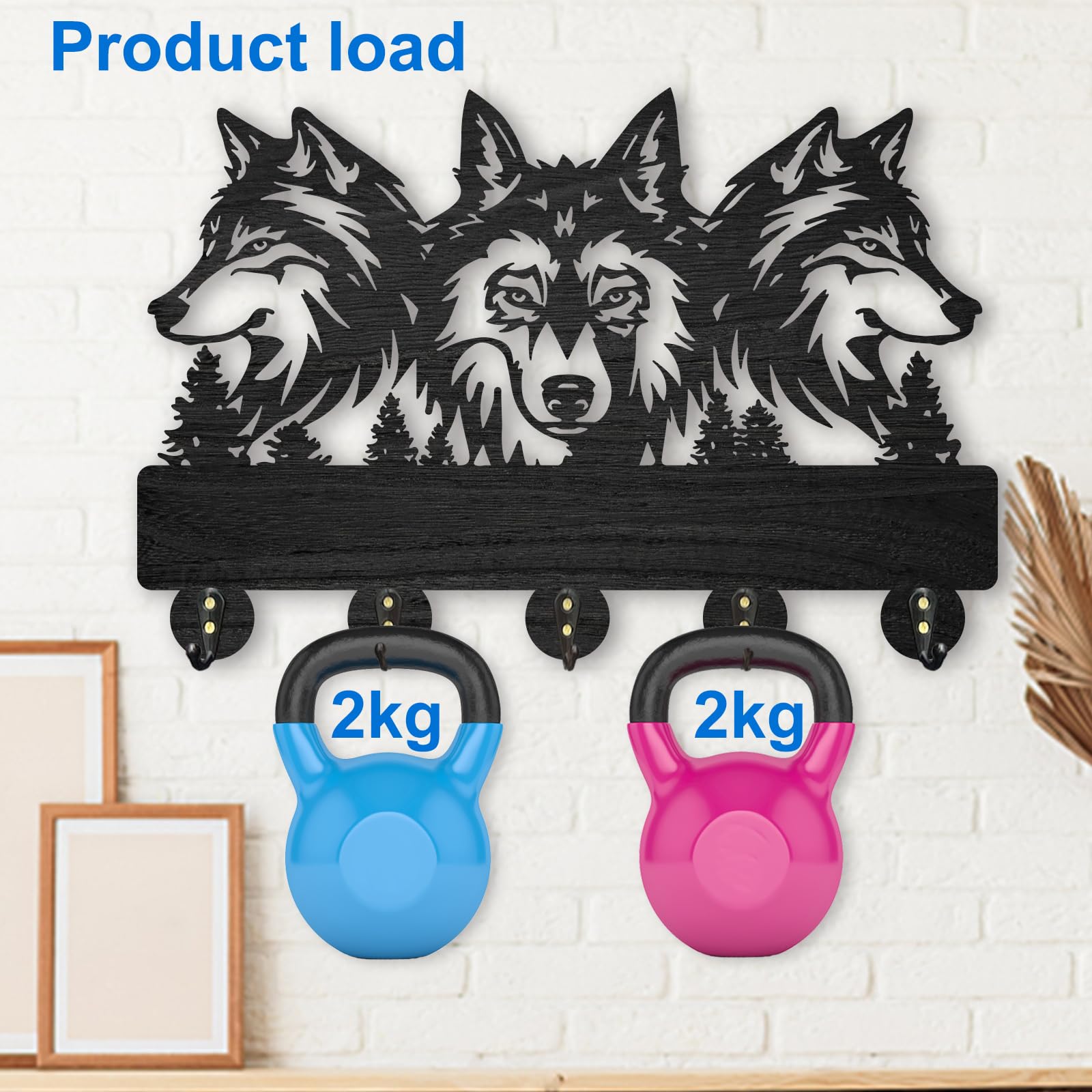 MAYJOYDIY Wood Wolf Wall Mount Coat Rack 11.8×8inch Wolf Forest Key Holder for Wall Coat Rack Wolf Key Hook 5 Alloy Hooks Animal Theme Wall Art Hook Gift for Hallway Office Living Room