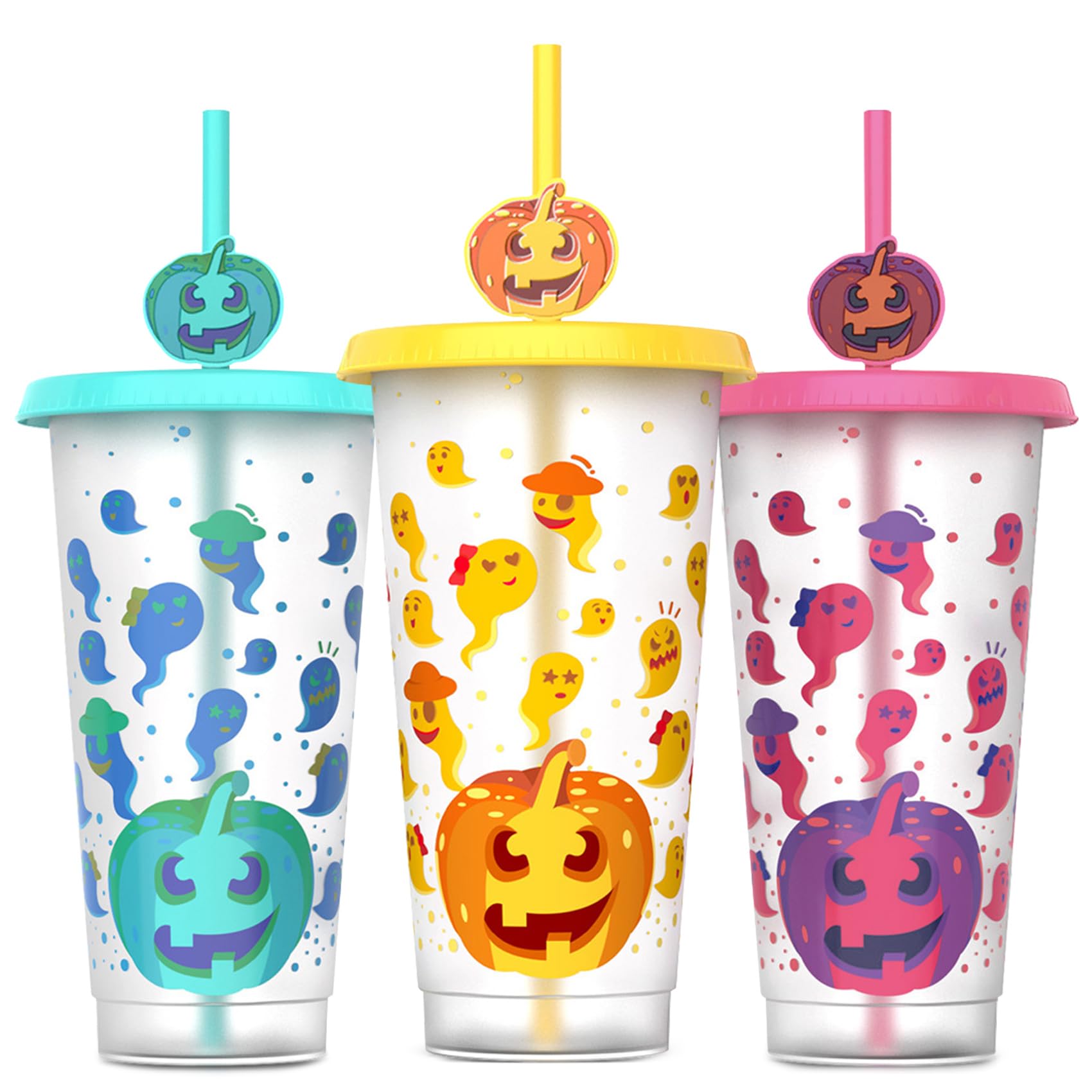 Ftabernam Color Changing Cups, 3-Pack 24 oz Plastic Cups with Lids and Straws, Tumblers and Water Glasses for Adults, Kids Party, Cute Cups for Ice Drink